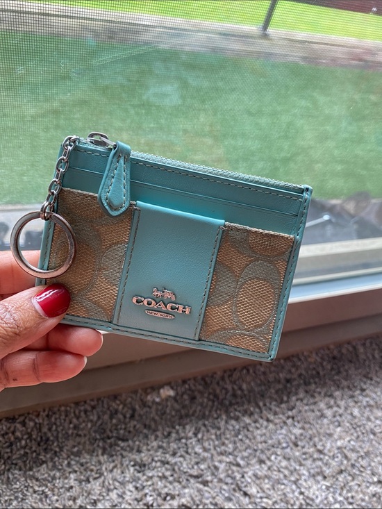 Coach Accessories - Coach Turquoise Signature Canvas Card Case with Key Chain